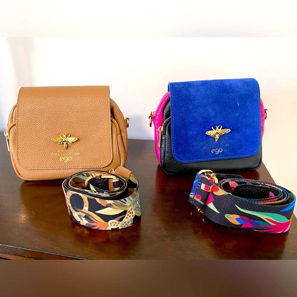 EGO Tan and Blue Crossbody Bags with Decorative Straps